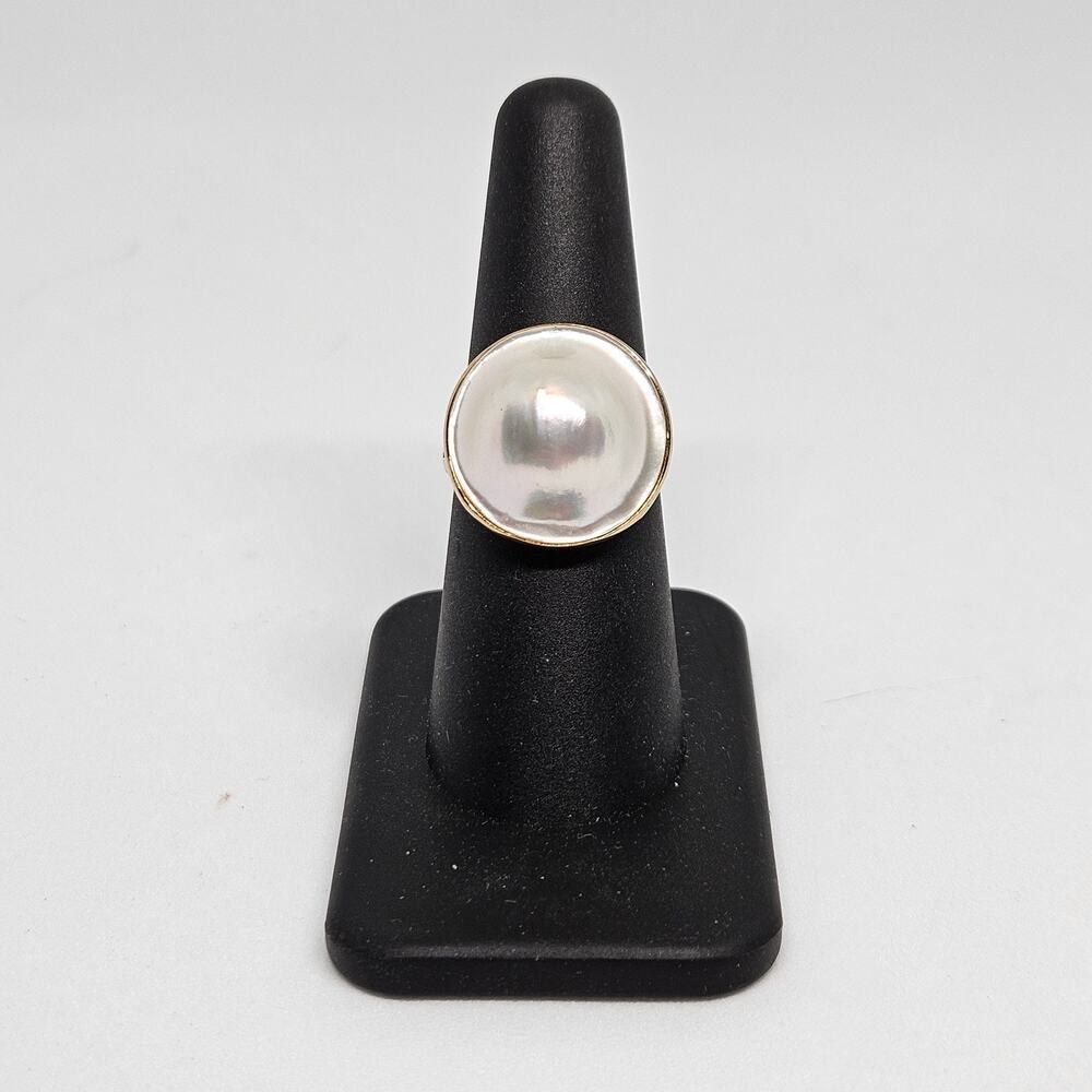 Estate 14K Yellow Gold Blister Pearl Ring Size 7 Bezel Set Split Shank Round - Picture 4 of 7